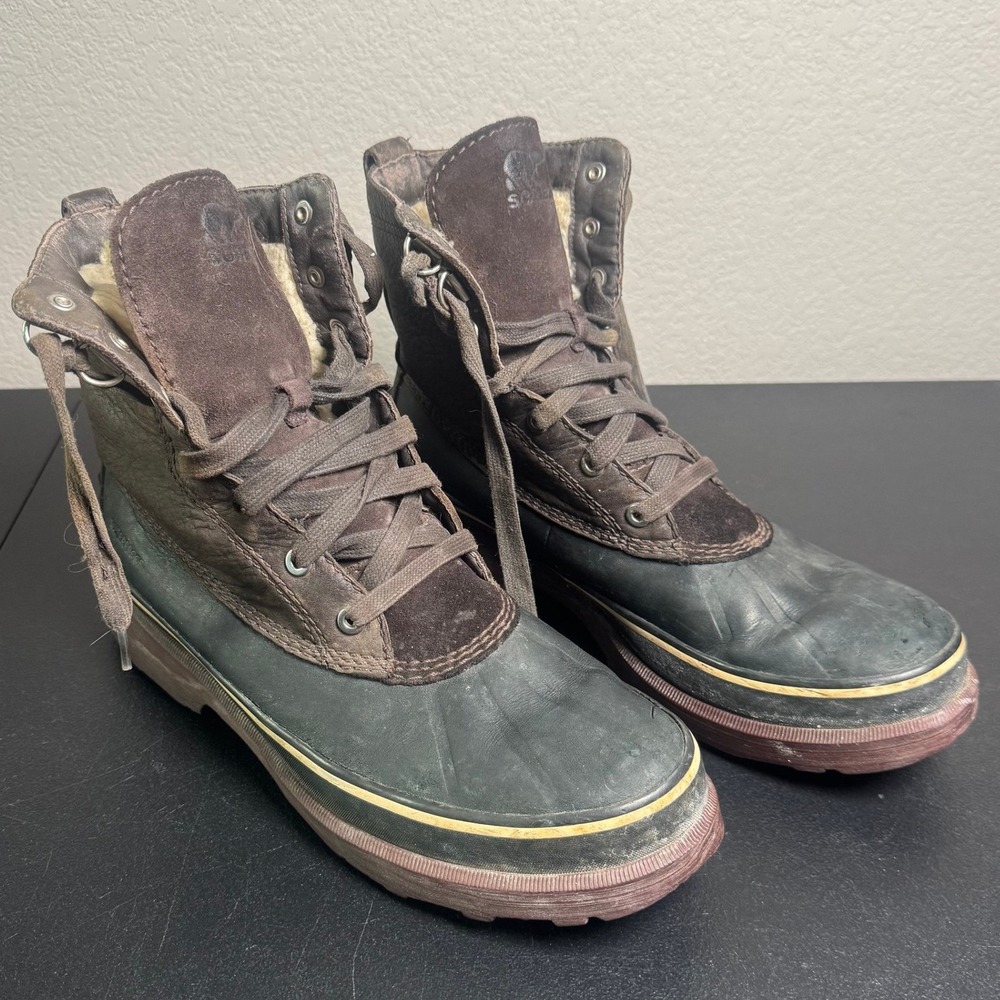 Sorel Caribou Storm Mens Waterproof Leather Duck Boots Brown Black Lug Sole 10